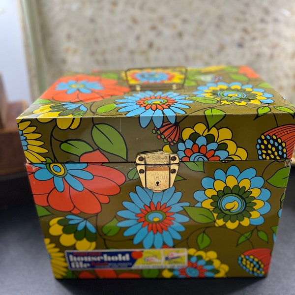 Large Ballonoff Portable Household File Box in Bright MCM Retro 70s Floral Design