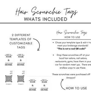 Może przedstawiać: Biała grafika z tekstem "Hair Scrunchie Tags" i "Whats Included". Obrazek przedstawia dwa szablony konfigurowalnych tagów z tekstem "Here to secure your hair & your future home".