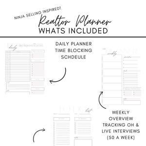May include: A white Realtor Planner with the text "Ninja Selling Inspired!" and "Realtor Planner" at the top. The planner includes a daily planner, weekly overview, and to-do list. The planner includes 4 pages: daily, monthly calendar, weekly overview & to-do list.