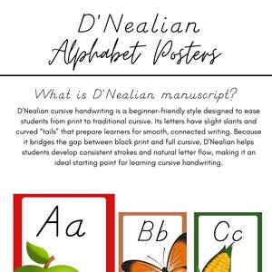Puede incluir: Pósteres del alfabeto D'Nealian con ejemplos de letras cursivas. El póster incluye las letras Aa, Bb y Cc, cada una emparejada con una imagen: una manzana, una mariposa y maíz. El texto explica la escritura cursiva D'Nealian.