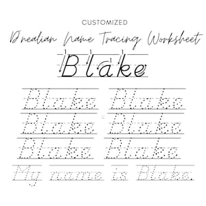 May include: A printable worksheet for tracing the name Blake in cursive. The worksheet includes a sample of the name Blake written in cursive, followed by several lines for tracing the name.