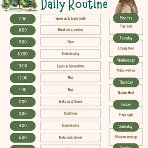 May include: A green and brown illustrated chart with a bear illustration at the top. The chart lists a daily routine for a child named Ronin, with activities for each day of the week.