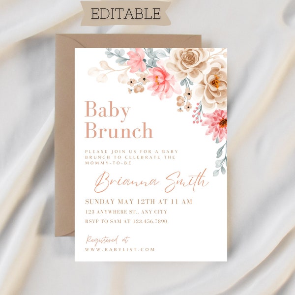 Baby Brunch Shower Invitation, Floral Baby Shower Invite, Floral Baby Brunch Invite, Floral Baby Shower, Pink Baby Brunch Invitation