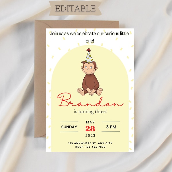 Curious George Birthday Invitation Template, Curious George  Invitation, Monkey Editable Invitation