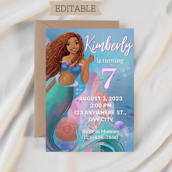 EDITABLE Little mermaid inspired 2023 Birthday Invitation Template, Girls Birthday Invite, The Little Mermaid,