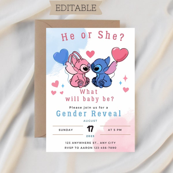 Angel and Stitch Gender Reveal Invitation, Valentines Stitch Gender Reveal, Digital and Printable Invite, Lilo and Stitch Gender Reveal