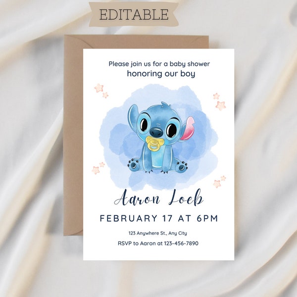 Stitch Baby Shower Invitation, Digital and Printable Invite, Lilo and Stitch Baby Shower