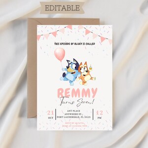 Blue Dog Birthday Pink Invitation Modern Party Invite , Digital Invite, Blue Dog Invite