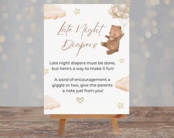 Late Night Diapers Sign Bear Balloon Baby Shower, We Can Bearly Wait Baby Shower Diaper Thoughts Sign, Boho Bear Baby Shower Template - 121