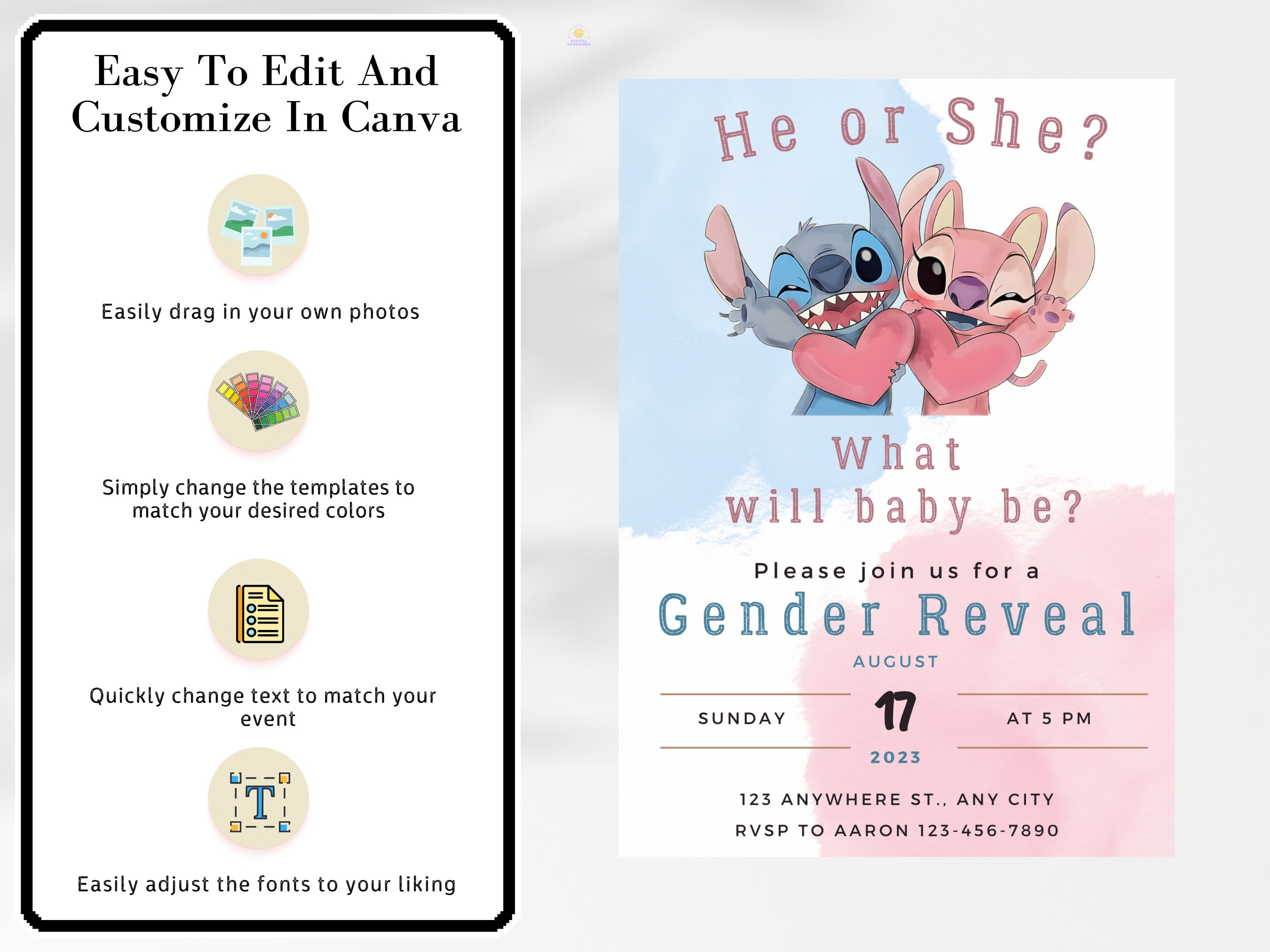Angel and Stitch Gender Reveal Invitation Digital and Etsy