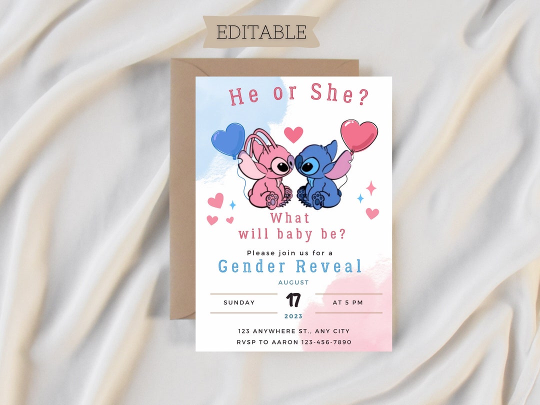 Angel and Stitch Gender Reveal Invitation, Valentines Stitch Gender