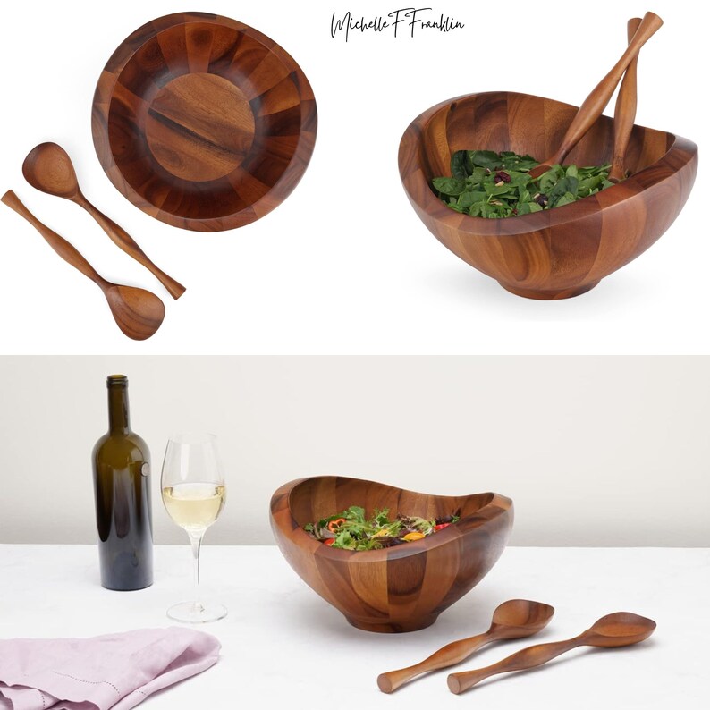 3 Piece Wooden Salad Bowl Set With Serving Utensils Acacia Wood Salad