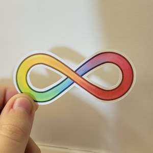 Könnte beinhalten: Ein Regenbogen-Infinity-Symbol-Aufkleber. Das Symbol besteht aus einem Farbverlauf von Gelb, Orange, Rot, Lila, Blau und Grün.