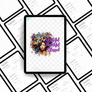 Puede incluir: Un planificador digital con fondo blanco y un patr&oacute;n de cuadr&iacute;cula gris. El planificador tiene una ilustraci&oacute;n colorida de una mujer con mariposas en el pelo. El texto "Grateful Thankful Blessed" est&aacute; escrito en letras moradas en la pantalla.