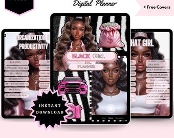 Könnte beinhalten: Digitaler Planer mit dem Text "PLR & MRR" und "Digital Planner". Der Planer enthält Abschnitte für Organisation, Produktivität und Selbstreflexion. Das Cover zeigt Illustrationen von schwarzen Frauen, einem rosa Auto und einer rosa Kamera. Enthält 70 Seiten und kostenlose Cover.