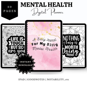 May include: A digital planner for mental health with a pink watercolour background and the text "A Silly Journal For My Silly Mental Health". The planner has 50 pages and is compatible with iPad, Goodnotes, and Notability.