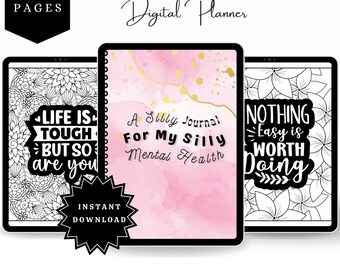 May include: A digital planner for mental health with a pink watercolor background and the text "A Silly Journal For My Silly Mental Health". The planner has 50 pages and is compatible with iPad, Goodnotes, and Notability.