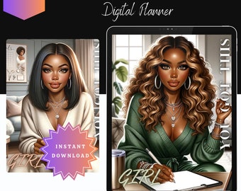Könnte beinhalten: Ein digitaler Planer mit einem grünen und weißen Cover, das eine Frau mit langen braunen Haaren und einem grünen Shirt zeigt. Der Text "YOU GOT THIS" steht auf dem Cover. Der Planer hat 111 Seiten und beinhaltet ein hyperverlinktes Inhaltsverzeichnis, tägliche und monatliche Seiten.