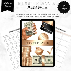May include: A digital planner on a tablet screen with a gold and black theme. The planner includes sections for saving goals, future goals, and a monthly budget. The image includes illustrations of coins, a piggy bank, and a hand holding cash.