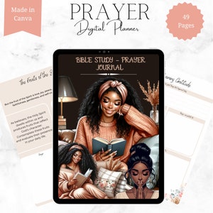 May include: A digital planner with a brown cover and the text "PRAYER Digital Planner" in white. The planner has 49 pages and features a woman reading a book. The text "BIBLE STUDY - PRAYER JOURNAL" is on the cover.