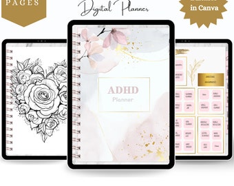 May include: A digital planner for people with ADHD. The cover features a watercolour background with pink and gold accents. The planner is designed for use with iPad, Goodnotes, and Notability apps. It includes 56 pages.