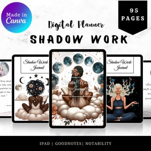 Può includere: Pianificatore digitale con 95 pagine per il diario di lavoro sull'ombra. La copertina presenta una donna seduta su una nuvola con un libro, circondata da lune e stelle. Il testo "Shadow Work Journal" è scritto sulla copertina.