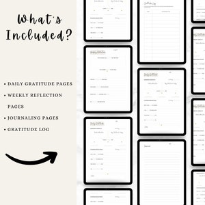 Puede incluir: Un planificador digital con p&aacute;ginas para la gratitud diaria, la reflexi&oacute;n semanal, el diario y un registro de gratitud. El planificador se muestra en la pantalla de una tableta.
