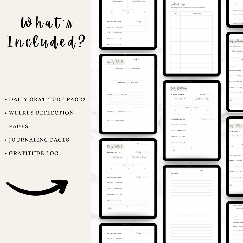 Puede incluir: Un planificador digital con p&aacute;ginas para la gratitud diaria, la reflexi&oacute;n semanal, el diario y un registro de gratitud. El planificador se muestra en la pantalla de una tableta.