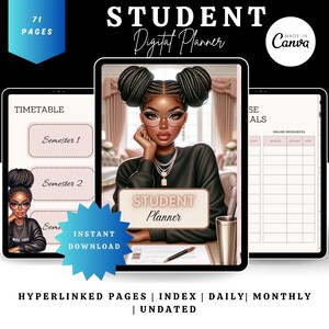May include: A digital planner for students with a pink and gold color scheme. The cover features a digital illustration of a Black woman with glasses and a gold chain necklace. The text "STUDENT Planner" is on the cover.