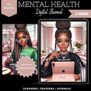 Puede incluir: Una portada de diario digital con una mujer con trenzas largas que lleva gafas y una camisa negra. La portada del diario tiene el texto "Mental Health Matters" y "Mental Health Journal".