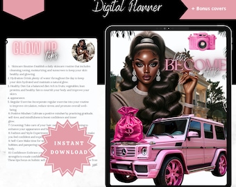 Könnte beinhalten: Ein digitaler Planer mit einem pinkfarbenen und schwarzen Design, das eine Frau mit einem pinkfarbenen Auto und einer Geldbörse zeigt. Der Planer enthält Hyperlinks, Planer, Tracker und ein Tagebuch. Der Text "Let's Become Her" ist auf dem Planer zu sehen.