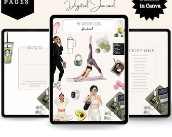 Può includere: Un diario digitale per la perdita di peso con 35 pagine. La copertina presenta il testo "My Weight Loss Journal" e varie illustrazioni, tra cui una donna che fa yoga, una donna che beve da un bicchiere e una donna che tiene un telefono. Il diario include anche una pagina con il testo "Eight Loss" e un elenco di tracker per la perdita di peso, tra cui peso, fitness, calorie, acqua e integratori.