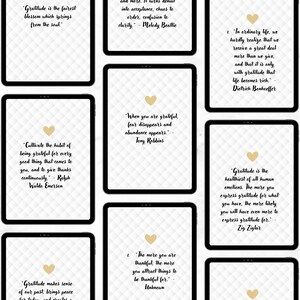 Puede incluir: Seis pantallas digitales con fondos blancos y un patr&oacute;n gris muestran citas inspiradoras sobre la gratitud. Cada pantalla presenta un icono de coraz&oacute;n dorado.