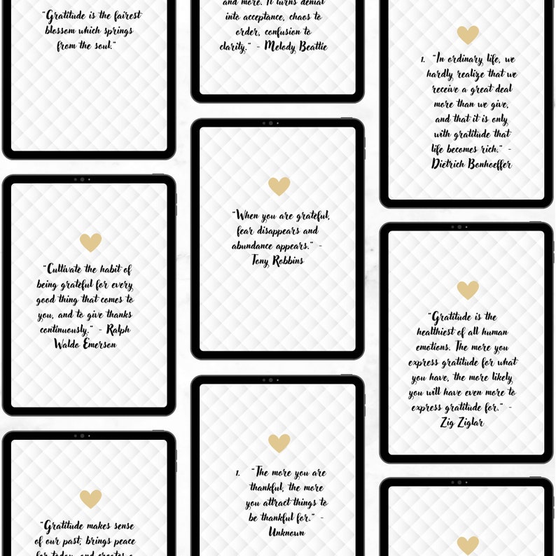 Puede incluir: Seis pantallas digitales con fondos blancos y un patr&oacute;n gris muestran citas inspiradoras sobre la gratitud. Cada pantalla presenta un icono de coraz&oacute;n dorado.