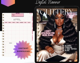 Könnte beinhalten: Ein digitaler Planer mit einem rosa und weißen Cover, das eine Kalenderseite für April zeigt. Das Cover hat ein glitzerndes Design und den Text "GLITTERY" und "I DON'T APOLOGISE FOR BEING BLACK". Der Planer hat 84 Seiten und beinhaltet eine Tages- und Monatsansicht.