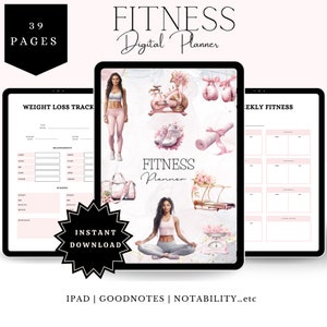 Puede incluir: Un planificador digital de fitness con 39 páginas. La portada presenta un diseño rosa y blanco con ilustraciones de una mujer haciendo ejercicio, una bicicleta estática y una báscula. El texto "Fitness Digital Planner" está escrito en rosa y blanco.
