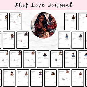 K&ouml;nnte beinhalten: Ein digitales Journal mit einer rosa Kopfzeile, die "Self Love Journal" lautet. Das Journal zeigt eine digitale Illustration von drei schwarzen Frauen, die auf einem Sofa sitzen. Die Frauen tragen stilvolle Kleidung und halten Tablets in der Hand. Das Journal soll Menschen helfen, sich auf Selbstliebe und Selbstf&uuml;rsorge zu konzentrieren.