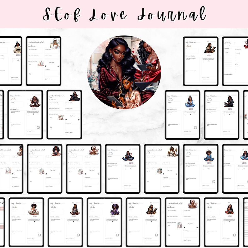 K&ouml;nnte beinhalten: Ein digitales Journal mit einer rosa Kopfzeile, die "Self Love Journal" lautet. Das Journal zeigt eine digitale Illustration von drei schwarzen Frauen, die auf einem Sofa sitzen. Die Frauen tragen stilvolle Kleidung und halten Tablets in der Hand. Das Journal soll Menschen helfen, sich auf Selbstliebe und Selbstf&uuml;rsorge zu konzentrieren.