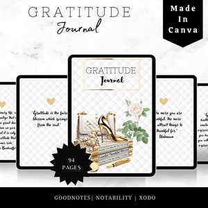 Puede incluir: Una portada de agenda digital con fondo blanco y detalles dorados. La portada presenta una cita sobre la gratitud, un par de tacones altos dorados, un bolso blanco y una rosa blanca. El texto "GRATITUDE JOURNAL" se muestra en letras doradas. La agenda tiene 94 p&aacute;ginas y es compatible con Goodnotes, Notability y Xodo.