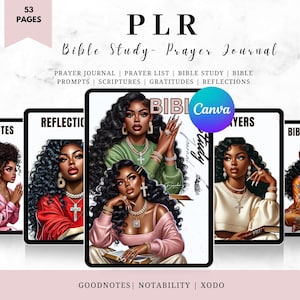 Op de afbeelding: Een digitale plannerhoes met een zwarte vrouw met lang krullend haar die een groen shirt draagt en een Bijbel vasthoudt. De tekst "Bible Study Journal" staat in witte letters op een zwarte achtergrond. De tekst "PRAYER JOURNAL | PRAYER LIST | BIBLE STUDY | BIBLE PROMPTS | SCRIPTURES | GRATITUDES | REFLECTIONS" staat in witte letters op een zwarte achtergrond. De tekst "GOODNOTES | NOTABILITY | XODO" staat in witte letters op een zwarte achtergrond.