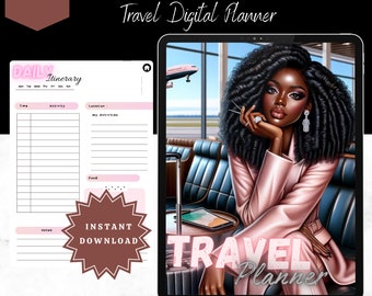 May include: A digital planner for travel with 34 pages. The cover features a woman with dark curly hair sitting in an airport terminal. The text "TRAVEL Planner" is in pink and white letters.