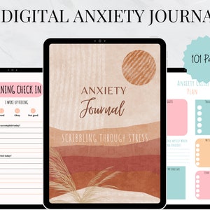 May include: Digital anxiety journal with 101 pages. The cover features a brown and orange abstract design with a sun-like shape. The journal includes a morning check-in page with a rainbow graphic and a section for an anxiety crisis plan.