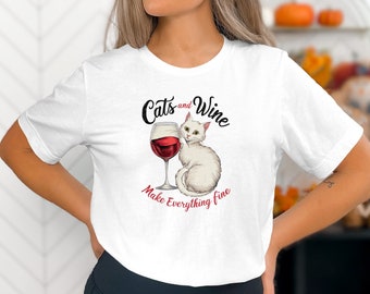 Linda camiseta de gatos y vino, camiseta gráfica Make Everything Fine, perfecta para los amantes de los gatos, opción de estilo relajado disponible