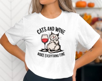 T-shirt grappige kat en wijn, katten en wijn maken alles goed Shirt, leuk kattenliefhebber cadeau, humoristisch T-shirt wijnliefhebber