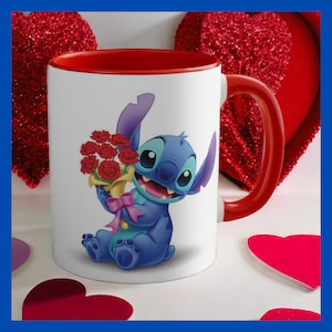 May include: A white ceramic mug with a red rim and handle. The mug features a cartoon image of Stitch from Lilo & Stitch holding a bouquet of red carnations.