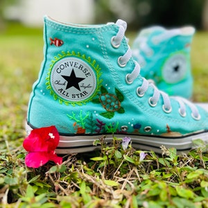 Embroidered  converse, hand crafted, in women’s sizes, ocean themed , turquoise color, high tops, under water embroidery,art sneakers,gifts