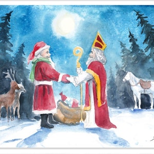 Winter Weihnachten Postkarte - Nikolaus trifft St. Nikolaus - Waldorf - Jahreszeitentisch