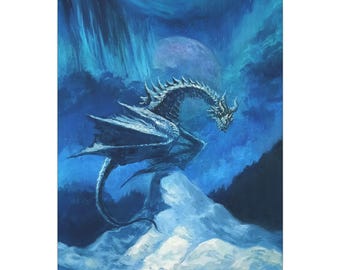 Blue Ice Dragon Canvas | Fantasy Dragon Wall Art, Northern Lights, Moonlit Mountain