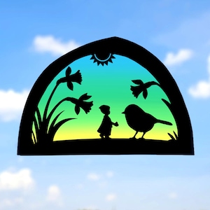 May include: Black metal silhouette of a child and bird in a garden scene, framed by an arched shape. The background features a gradient of blue, green, and yellow, with a sun and floral elements.