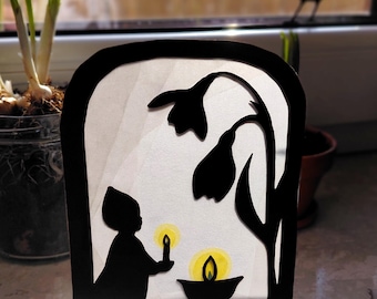 Early Spring Transparency and Silhouette - Printable Waldorf Window - Gnome and Snowdrop - Imbolc - Candlemas